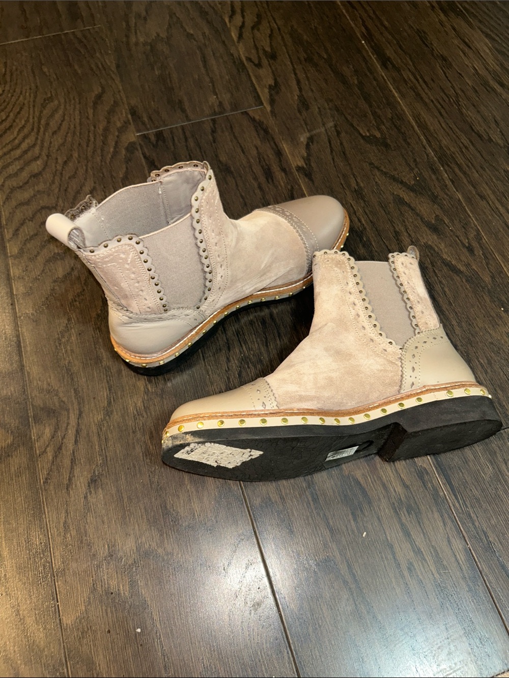 Free People Suede Scalloped Ankle Booties in Light Taupe